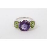 White gold (14k) amethyst and peridot three stone dress ring