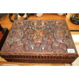 South Sea island presentation carved wood casket with carved warrior decoration and mother o pearl
