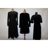 Vintage black velvet fitted evening coat, black velvet evening dress with lace and lace work