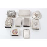 Six Edwardian and later silver matchbox holders , silver stamp box, inkwell and silver locket