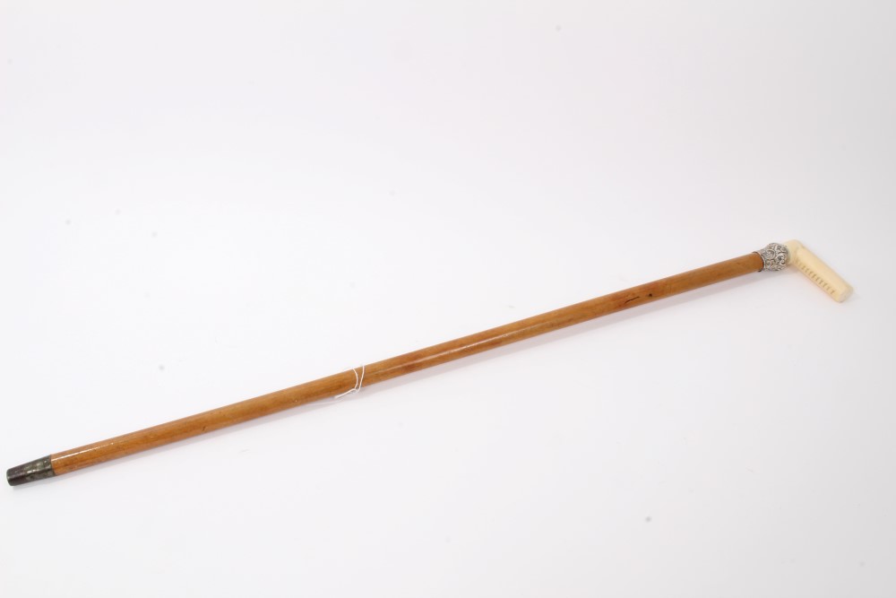 Victorian Malacca walking cane with ebonised silver collar, engraved HW Bellairs 1892 (London 1889) - Image 6 of 8