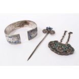 Chinese silver and enamel bangle, similar buckle and hair ornament