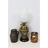 Edwardian Royal Doulton oil lamp, Edwardian Doulton tobacco jar and a Doulton Slater’s Patent