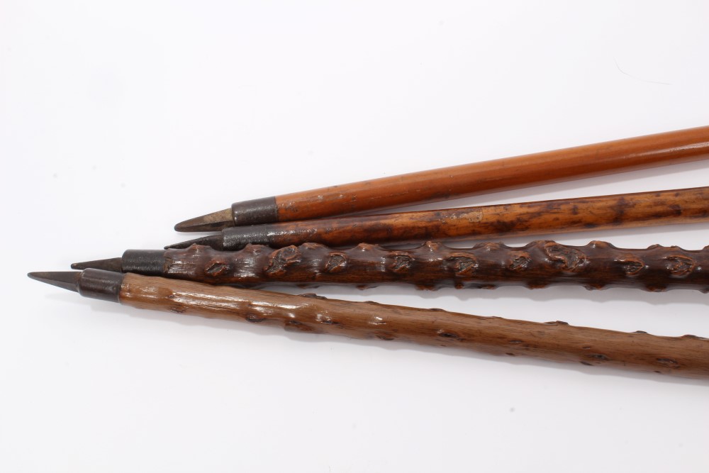 Four Alpine walking sticks with Ibex horn handles and spiked ferrules, one inscribed "Interlaken" - Image 6 of 6