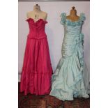 Green frilly gown by Belville Sassoon, pink strapless gown by Jean Allen, black evening jacket by