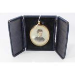 Edwardian oval miniature portrait in gilt frame and blue leather easel back case