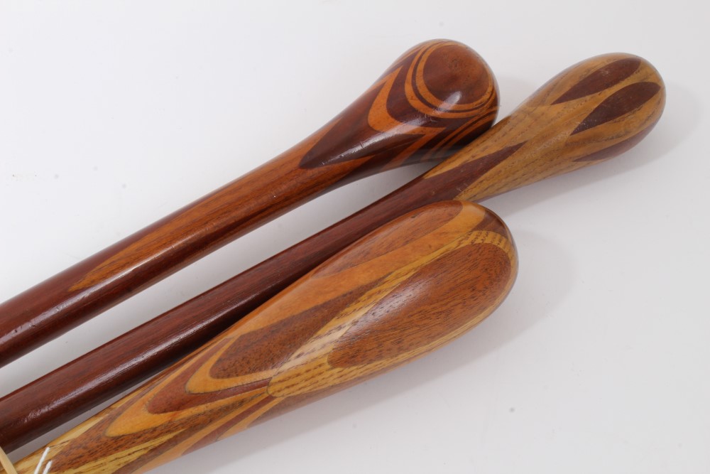 Three marquetry topped walking sticks of intricate design using different woods, varying lengths - Image 3 of 4