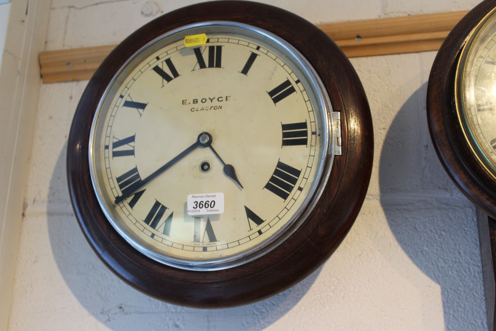 Wall clock in wooden frame, the dial inscribed 'E. BOYCE CLACTON / MADE IN ENGLAND