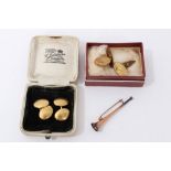 Pair gold 18ct oval cufflinks, pair gold plated cufflinks and a novelty trumpet bar brooch