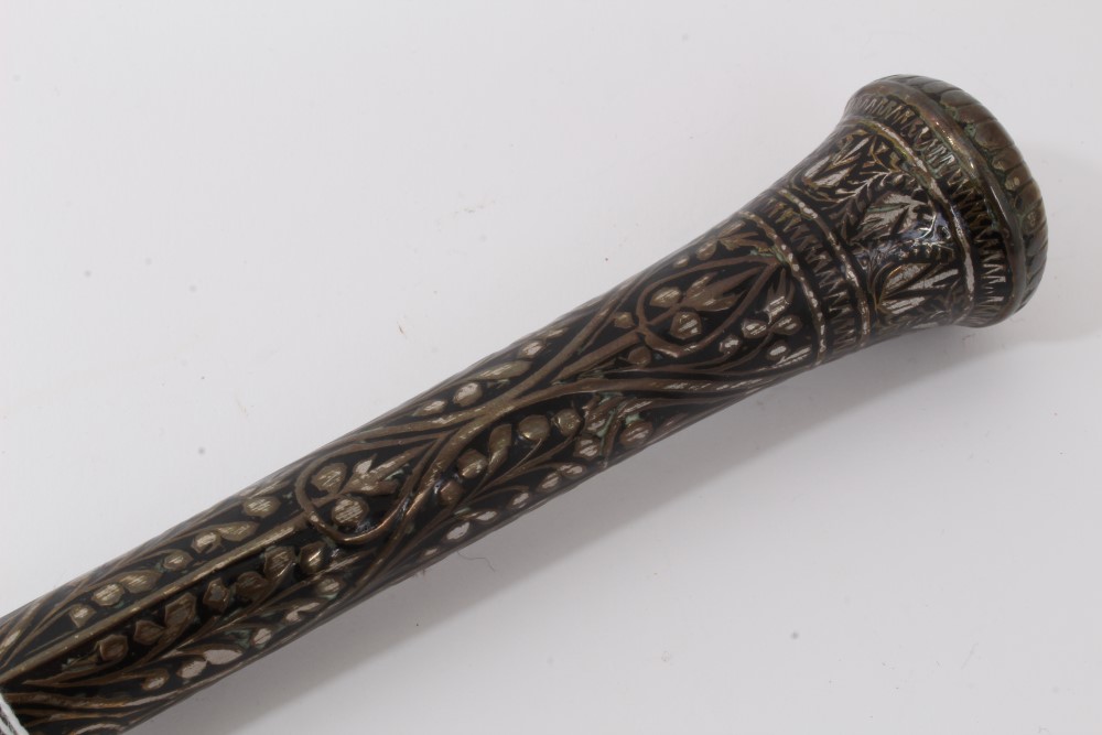 Early 20th century heavy metal walking stick with raised Nielloware style decoration and wiggle - Image 3 of 7