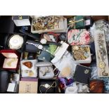 Quantity of costume jewellery including beads, vintage brooches, wristwatches and compact