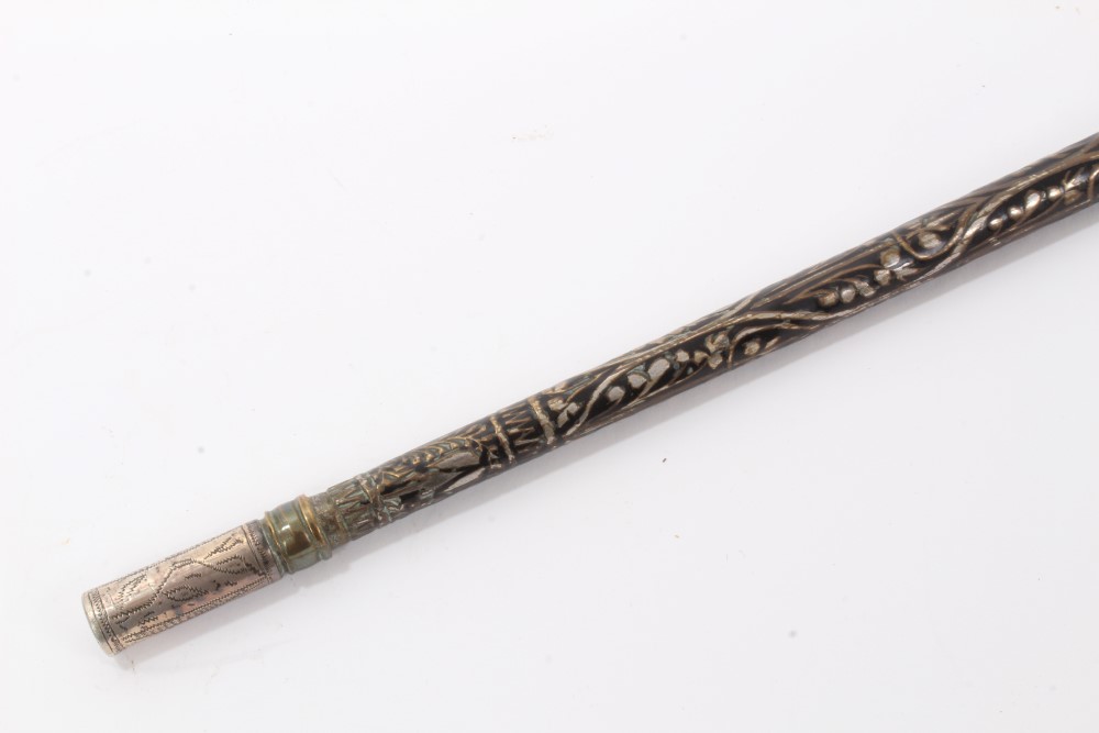 Early 20th century heavy metal walking stick with raised Nielloware style decoration and wiggle - Image 7 of 7
