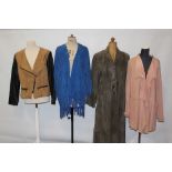 1960's designer Jean Muir blue suede jacket with tassels, pink chamois jacket by Rizal, long