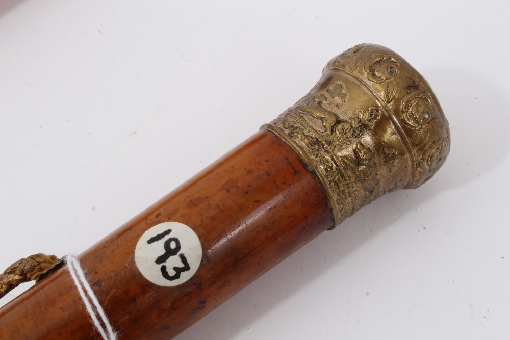 Early 19th century Malacca walking cane with suspension cord and guilt metal top embossed with a - Image 5 of 10