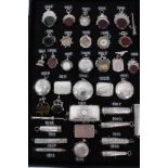 Collection late Victorian silver watch chain fobs including hardstone inlaid and compasses , two