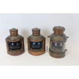 Set of three copper ships lights, with name plates for Masthead, Starboard and Port