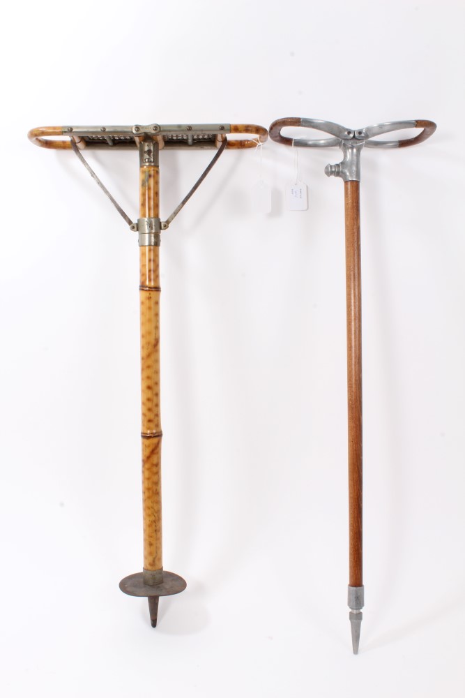 Late 19th/early 20th Bamboo shooting stick with folding Rattan seat and metal fittings stamped Btt