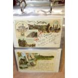 Postcards in two albums ,early Continental cards, coloured and black & white vignettes, Gruss Aus