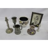Metalwares to include pair of silver plated squat candlesticks, cut glass dish, wine coaster, two