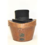 Vintage black felt 'John Bull' top hat by Wilson and Stafford in an antique fitted leather top hat