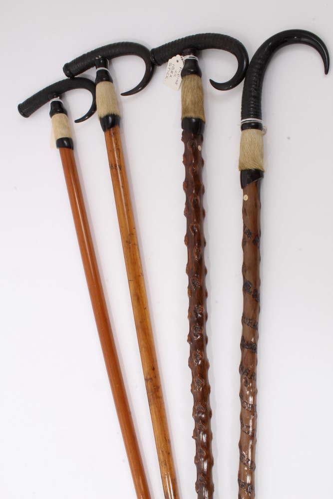 Four Alpine walking sticks with Ibex horn handles and spiked ferrules, one inscribed "Interlaken"