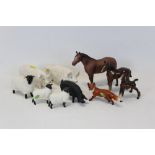 Ten Beswick Figures- two pigs, three sheep, three horses, a fox, and another pig (unmarked) (10
