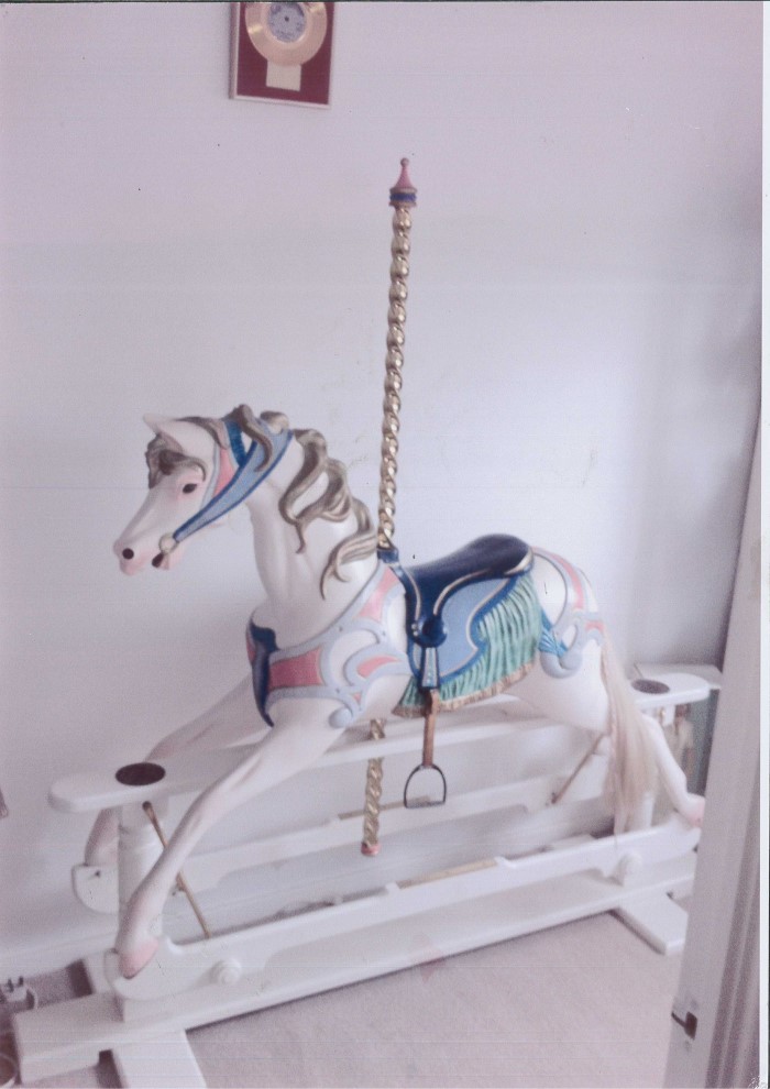 Carousel rocking horse by Whittingham Horses brightly painted carved wood horse on cantilever base.