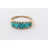 Gold 9ct turquoise five stone ring with diamond accents to the claws