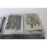 Postcards in album including early mechcanical clock, Gruss Aus, coloured vignettes, American cards,