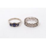 White gold 18ct sapphire three stone ring and white gold 18ct textured band ring (2)