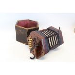 Late 19th century rosewood concertina in case, with fretwork ends