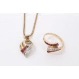 Ruby and diamond cross-over ring in 9ct gold together with a similar pendant on chain