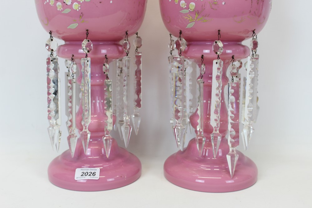 Pair of Victorian pink glass lustres with enamelled floral decoration and prismatic drops, 37cm in - Image 3 of 4