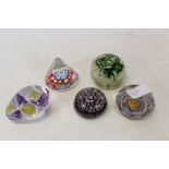 Five Murano Art glass paperweights, two bearing original paper labels (5)