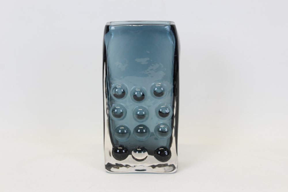 Whitefriars indigo mobile phone vase designed by Geoffrey Baxter 16.5 cm high