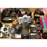 Selection of cameras and lenses including Nikon D80, Exacta, Olympus, Nikkormat etc (1 box)