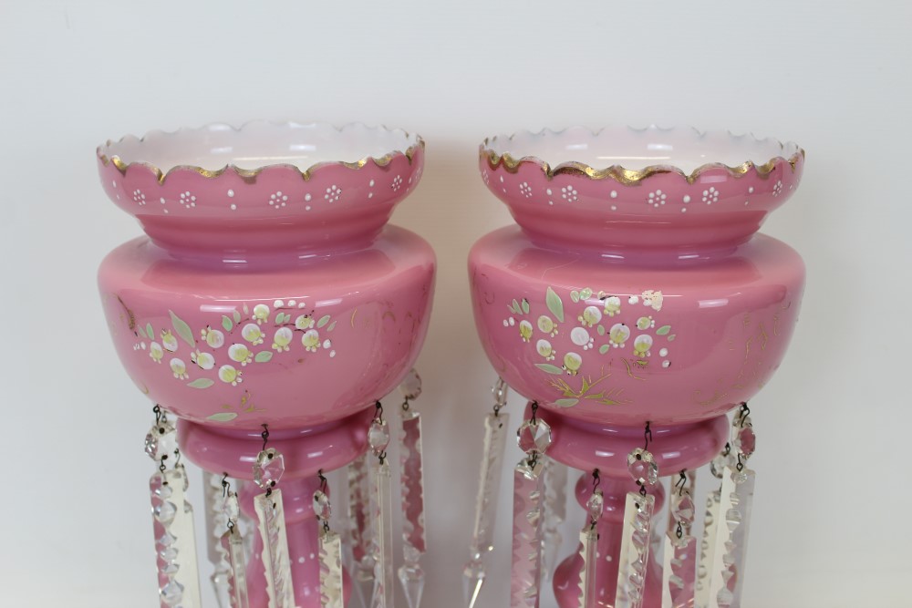 Pair of Victorian pink glass lustres with enamelled floral decoration and prismatic drops, 37cm in - Image 2 of 4