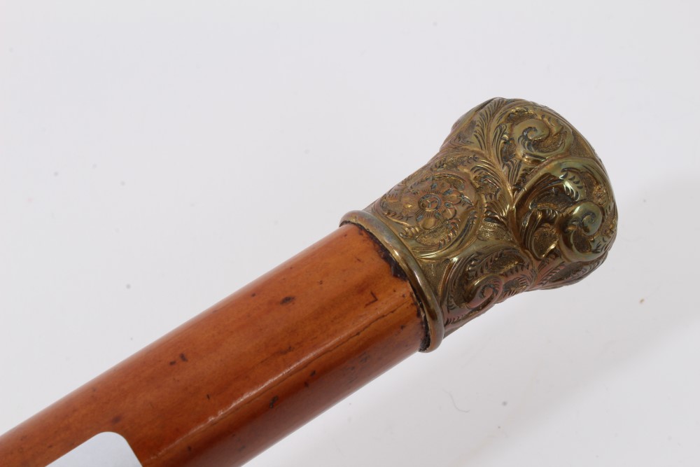 Early 19th century Malacca walking cane with suspension cord and guilt metal top embossed with a - Image 7 of 10