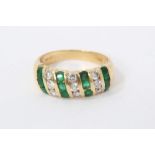 18ct gold emerald and diamond ring with triple rows of emeralds and diamonds in 18ct channel