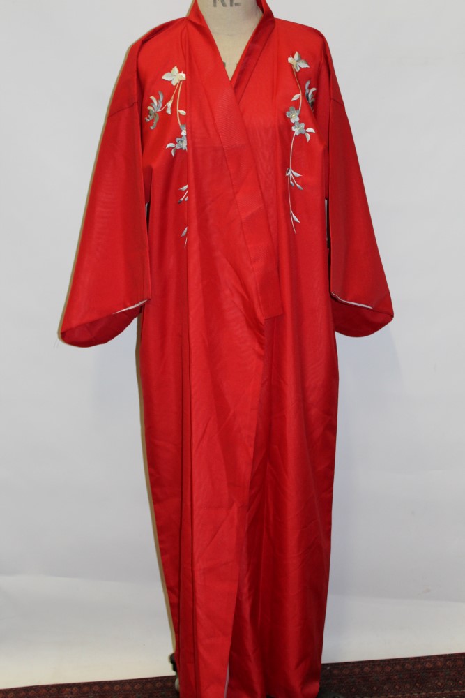 Japanese red kimono with chrysanthemum embroidery. Also a pink brocade kimono jacket and a blue