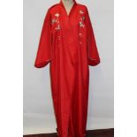 Japanese red kimono with chrysanthemum embroidery. Also a pink brocade kimono jacket and a blue