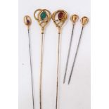 Pair gold 9ct hat pins and three other gilt metal gem set hat pins (5)