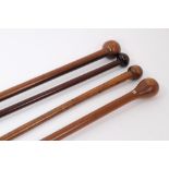 Tall exotic wood walking stick with rondel handle 109cm overall length together with three others