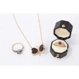 Gold 9ct tortoiseshell butterfly necklace, gold 9ct cabochon garnet ring and a dress ring (3)