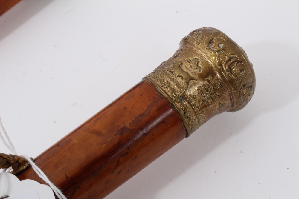 Early 19th century Malacca walking cane with suspension cord and guilt metal top embossed with a - Image 6 of 10