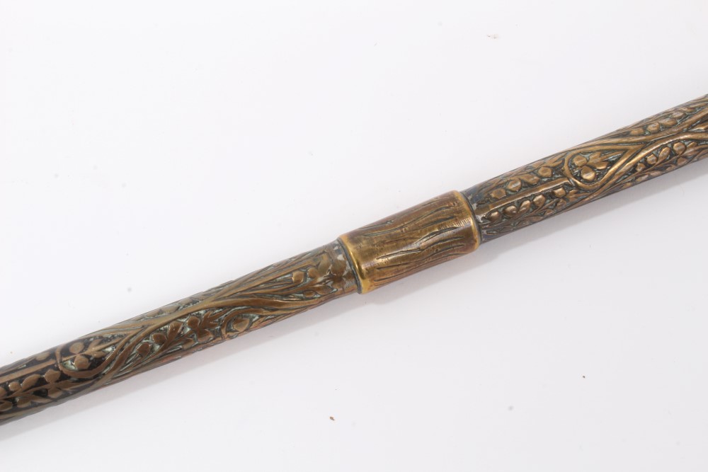 Early 20th century heavy metal walking stick with raised Nielloware style decoration and wiggle - Image 6 of 7