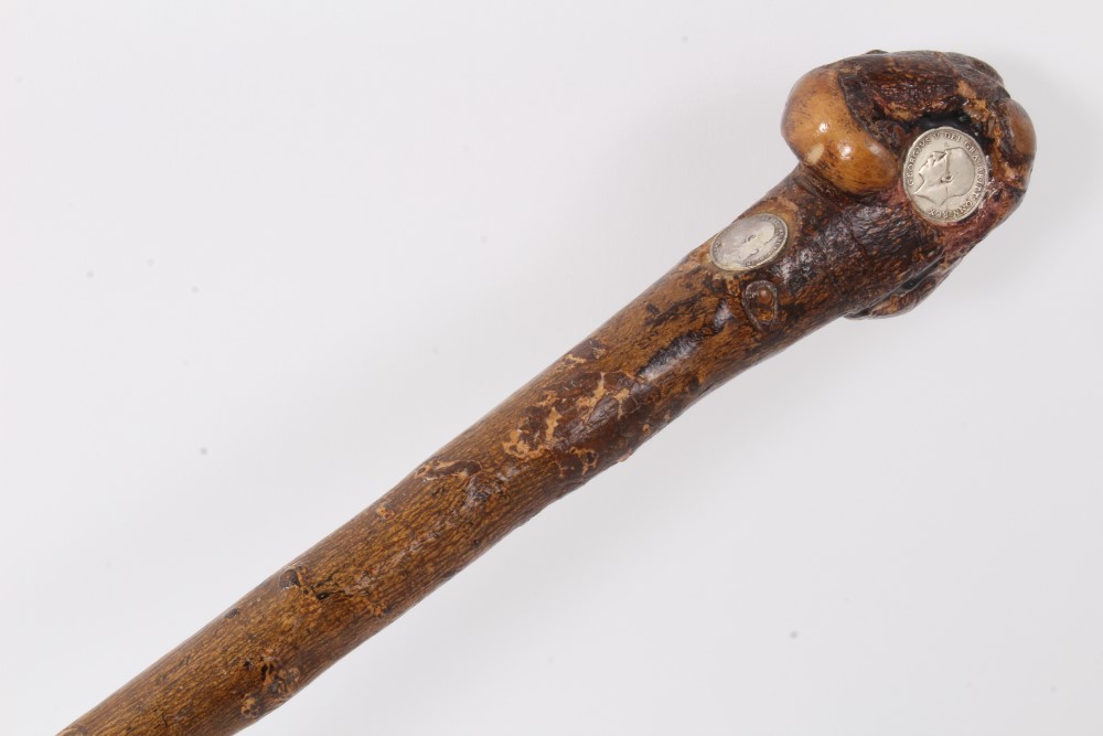 Unusual First World War period natural hazel walking stick inset with Edward VII and George V