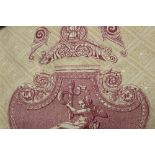 A pair of good quality cotton interlined curtains. Cream with dark red printed classical images.