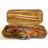 Vintage double violin case containing two violins and four assorted bows