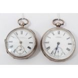 Two late Victorian silver open faced pocket watches with key wind movements
